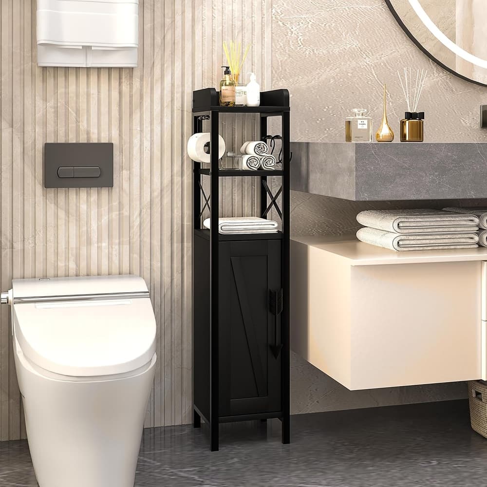 VECELO Slim Bathroom Floor Cabinet 31.5" Narrow Bathroom Cabinet with Toilet Paper Hook Magnetic Door 2 S-Hooks - 7.1*7.9*31.5