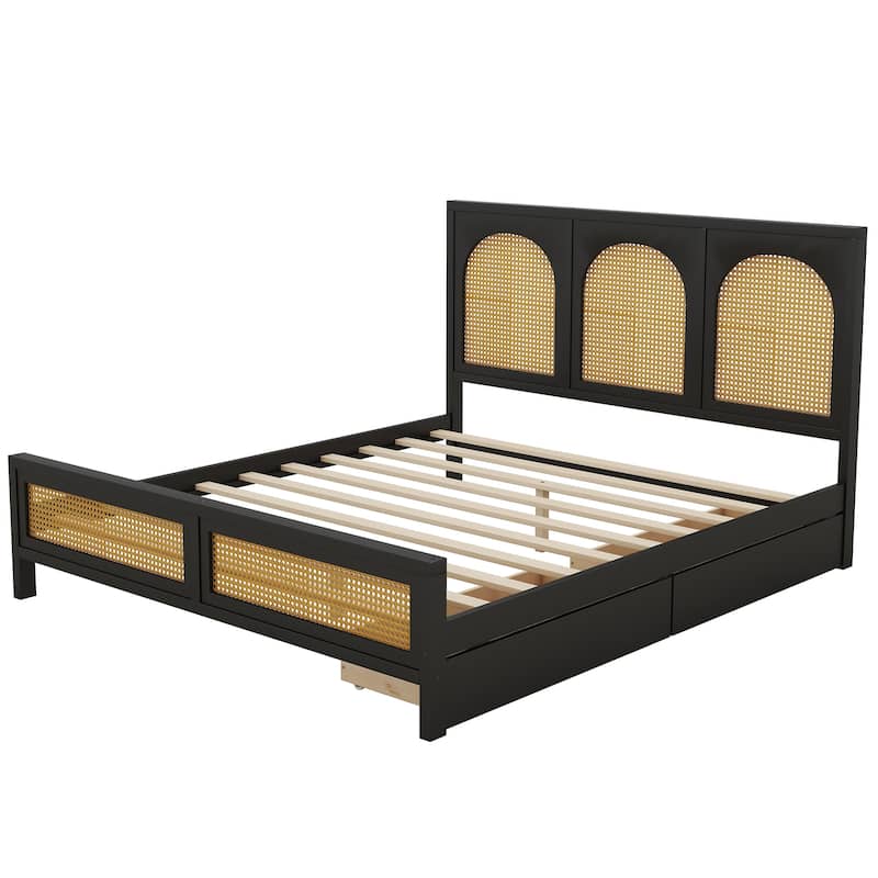 Queen Size Wood Platform Bed with Rattan Headboard, Footboard, and Storage Drawers