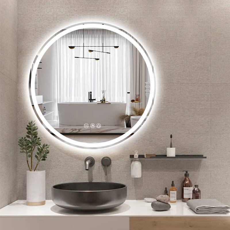 Round LED Bathroom Mirror Frameless Wall Mounted LED Bathroom Vanity Mirror Dimmable Anti-Fog 3 Colors LED Makeup Mirror - 24×24inch