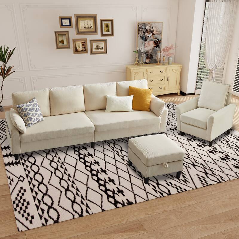 101"Corduroy 3 Piece Living Room Set Including 4 Seater Sofa ,Storage Ottoman and Chair