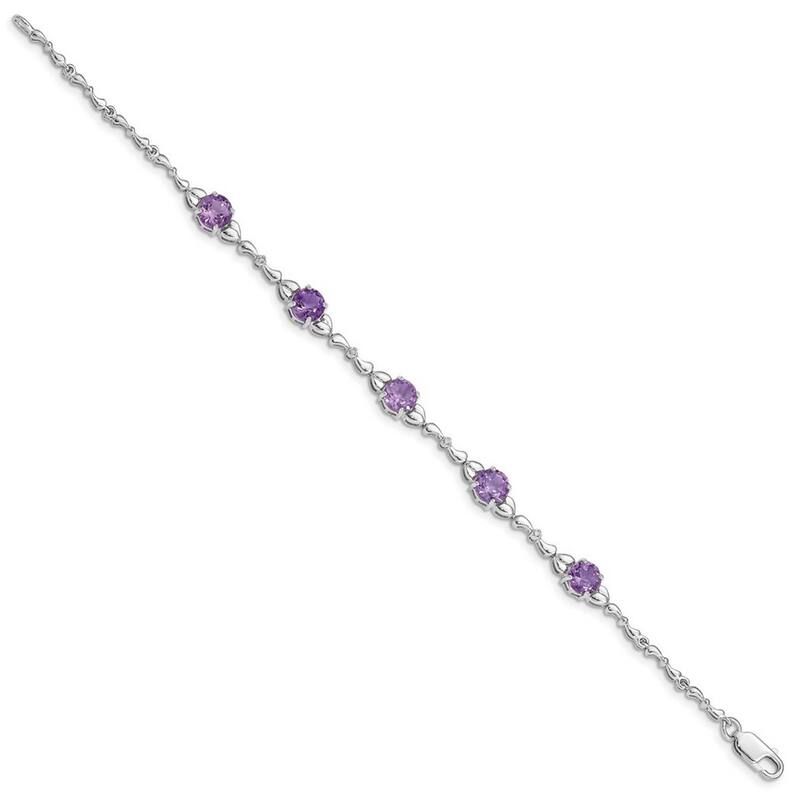 Curata 6mm 925 Sterling Silver Polished Lobster Claw Closure Amethyst and Diamond Tennis Bracelet