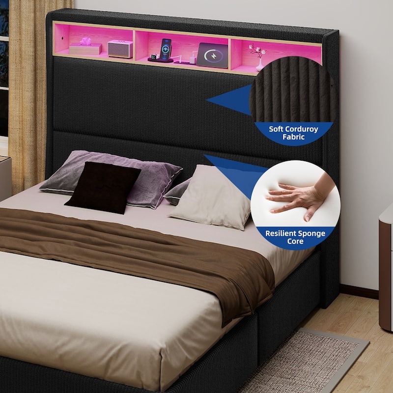 Moasis Corduroy Upholstered Platform Bed Frame with Charging Station and RGB LED Lights