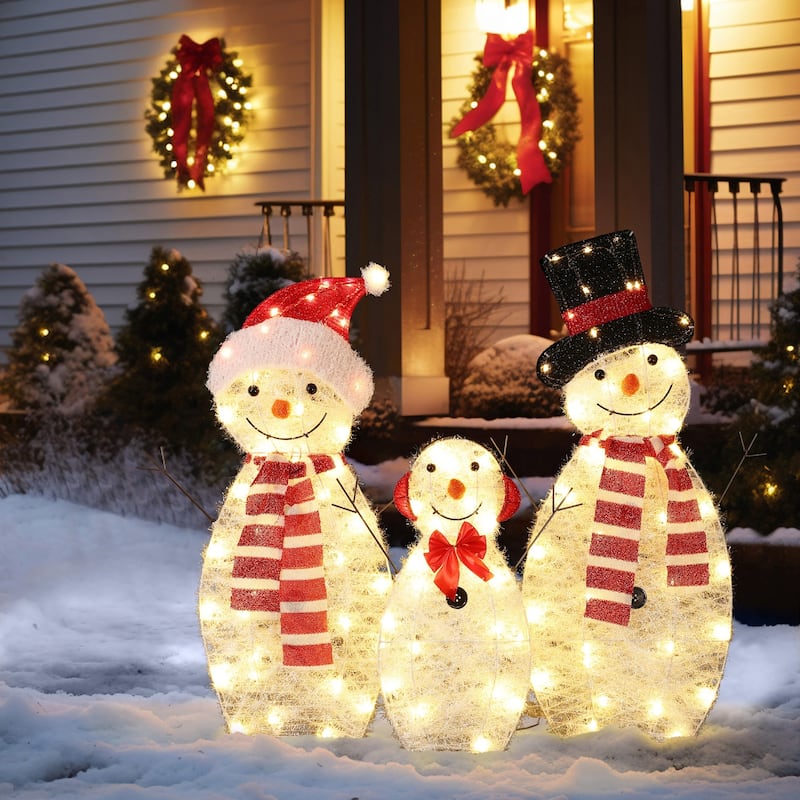 Snowman Family Trio Indoor and Outdoor Holiday Decoration with Lights