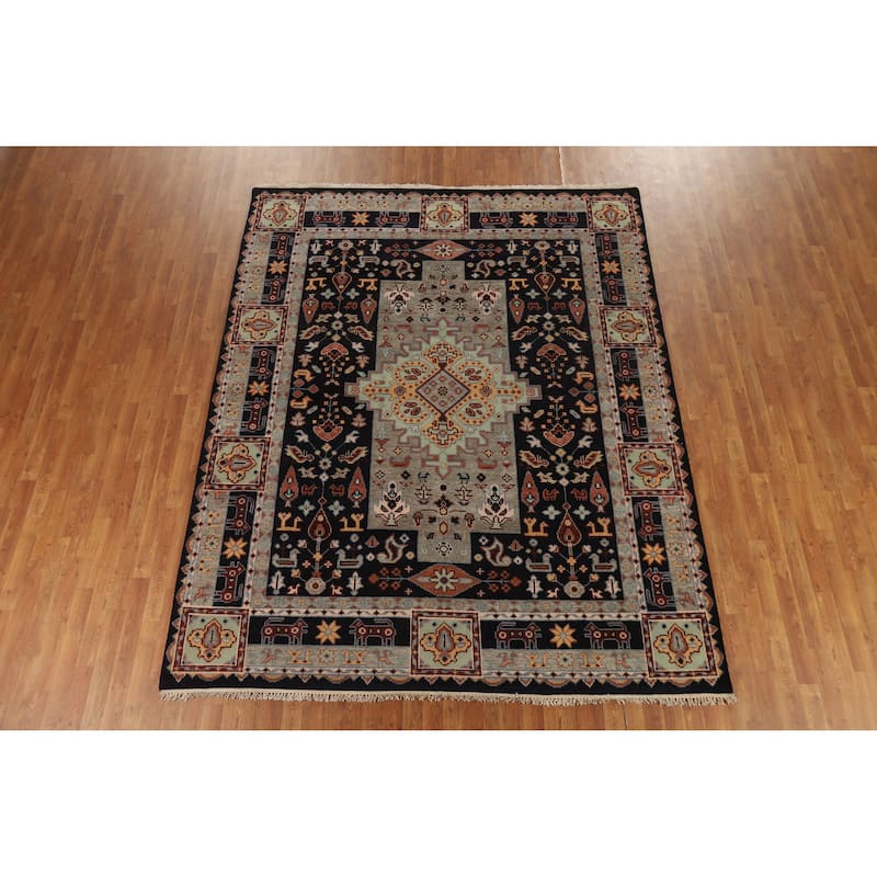 Hand Knotted Oriental 100% Wool Carpet Traditional Tribal Navy Blue & Blues Heriz (serapi) Area Rug - 9' 10'' X 8' 0''