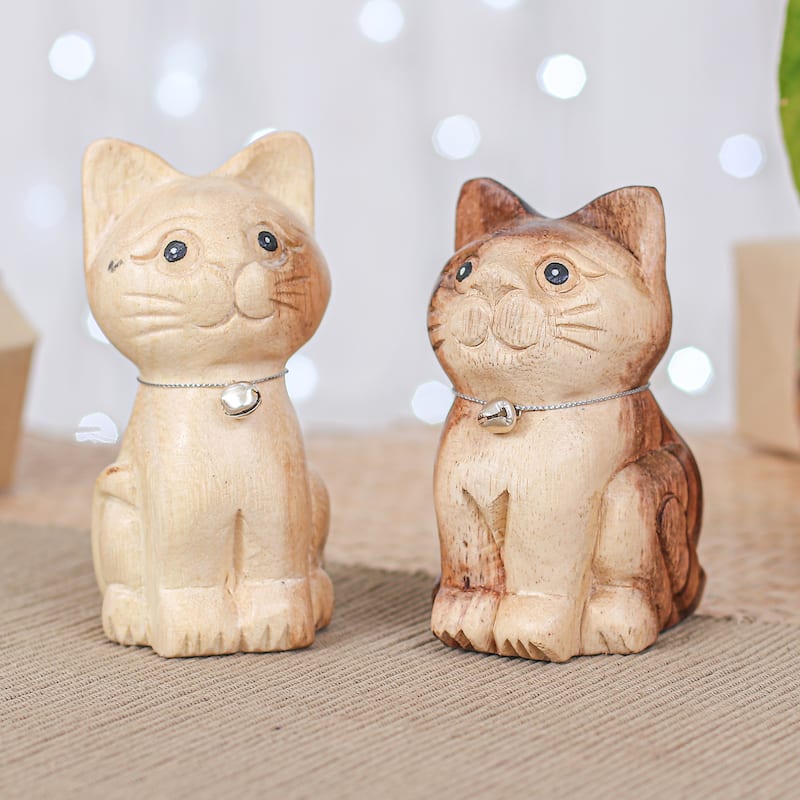 Novica Handmade Harmonious Meows Wood Figurines (Set Of 2)