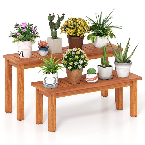 slide 2 of 9, Gymax Wooden Plant Stand Set of 2 w/ Teak Oil Finish Slatted Top