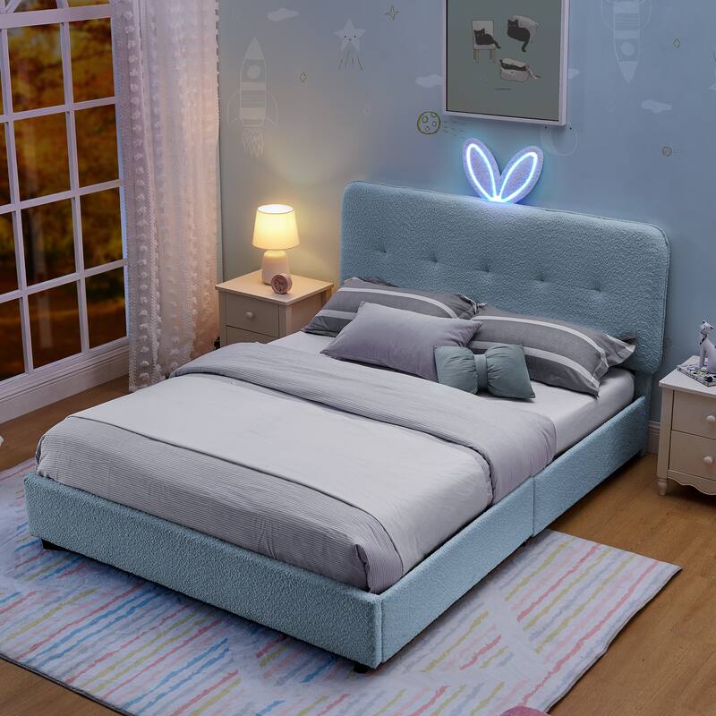 Kids Boucle Upholstered Bed with Rabbit Ear Headboard, LED Music Sync & 4 Drawers