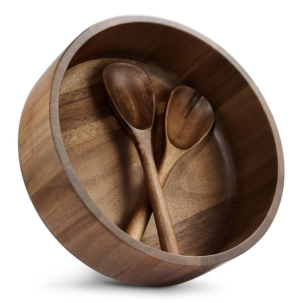 Large Wooden Salad Bowl with Salad Servers Set, Natural Acacia Wooden Fruit Bowl, 12 Inch, 200 Oz 6.25 Quarts, Large Fruit Bowl