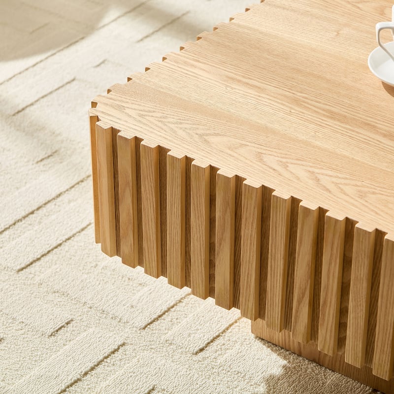 Small Accent Table Wooden Coffee Table Square Pedestal Base Center Table with Side Fluted Design and Wood Grain Veneer