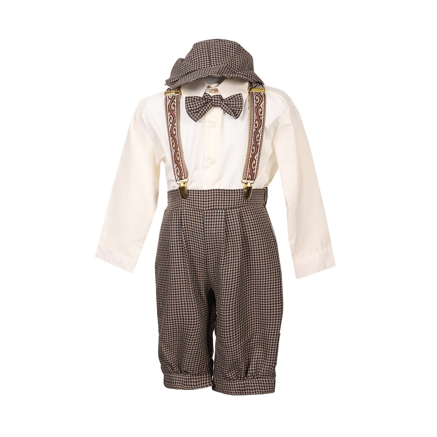 baby boy outfit with suspenders and hat