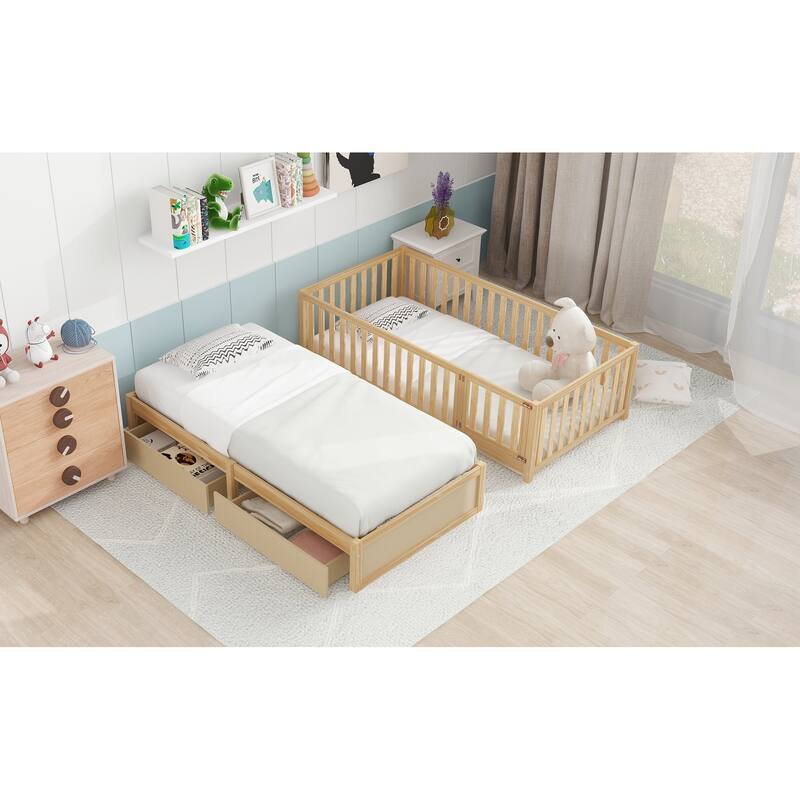 Twin Size Wood Daybed with Fence Guardrails and 2 Drawers