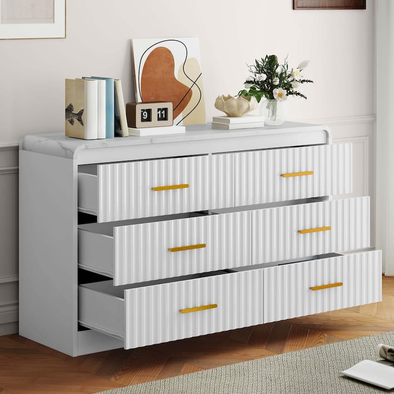 Moasis Fluted Dresser with 6 Drawers, 47" Wide Chest of Drawers with Metal Handle for Bedroom Storage Organizer