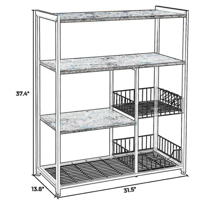 2 Mesh Basket and 6 Hooks Wood and Metal Frame Bakers Rack, Brown and Black - 37.4 H x 13.8 W x 31.5 L Inches