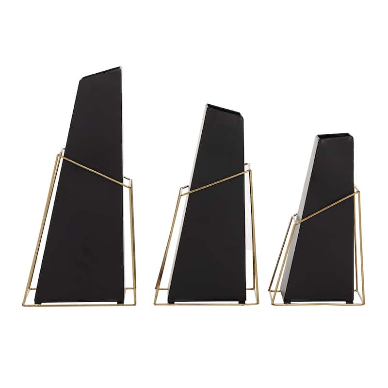 Metal Vase with Gold Wire Accents - Set of 3 Black - Roche River Decor