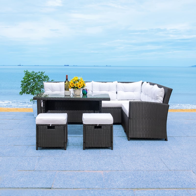 SAFAVIEH Outdoor Miki 5-piece Wicker Sectional Patio Dining Set - Black/White Cushion