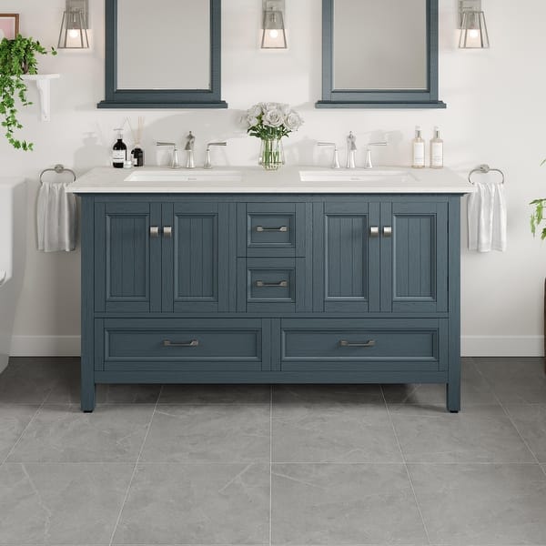 Britney 60 in. W x 22 in. D x 34 in. H Double Bath Vanity in Ash Blue with White Carrara Marble Top with White Sinks