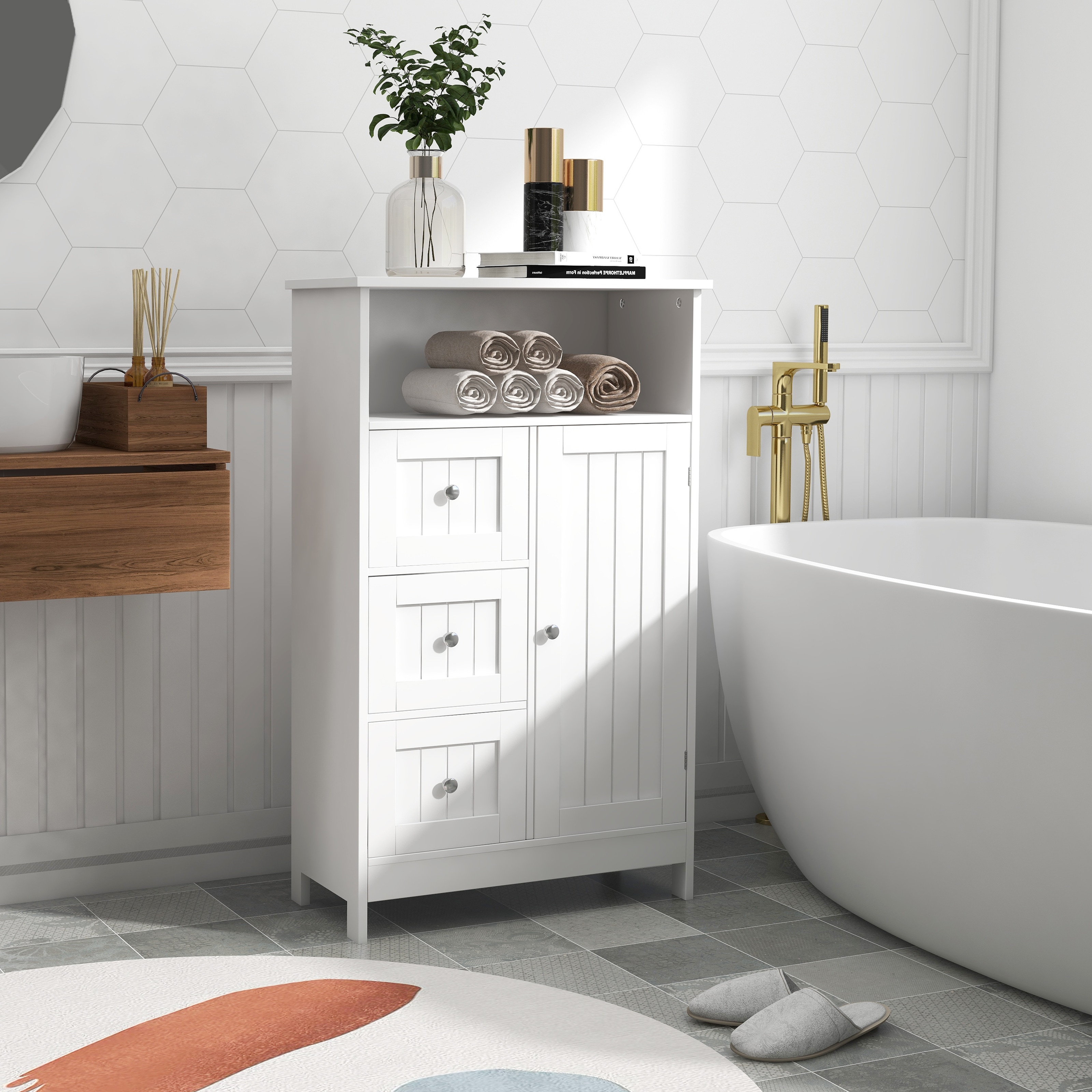Bathroom Storage Floor Cabinet with Pull-Out Drawers and Door - White