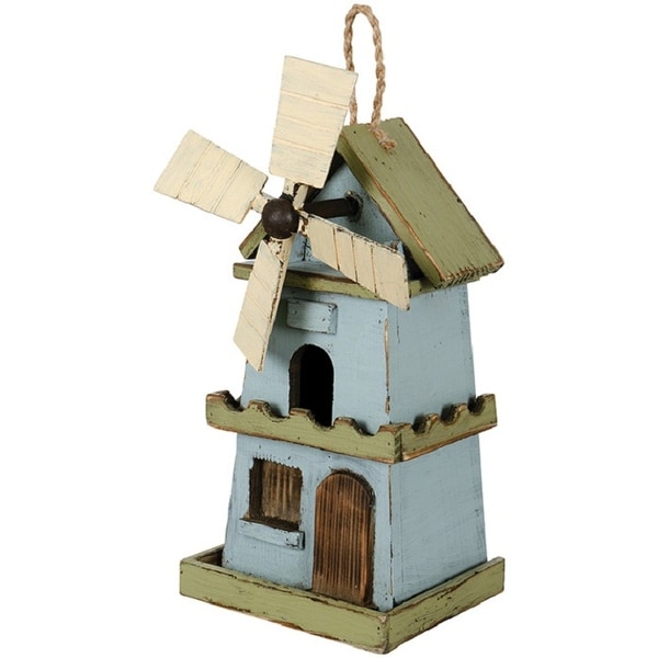 11.50” Blue and Green Windmill Cottage Birdhouse - N/A