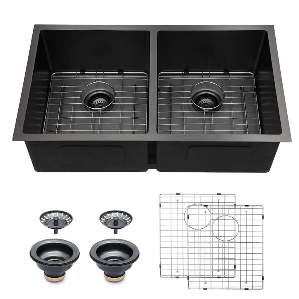 Lordear 33 inch Gunmetal Black Double Bowl Divide 16 Gauge Undermount 50/50 Stainless Steel Kitchen Sink