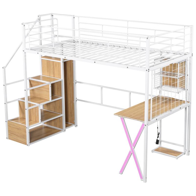 Twin Size Loft Bed with Workstation, Wardrobe, Storage Stairs, and LED Lights, White