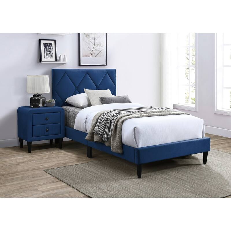 Adjustable Headboard Twin Size Bed with Navy Blue Velvet Upholstery, Modern Youth Bedroom Furniture
