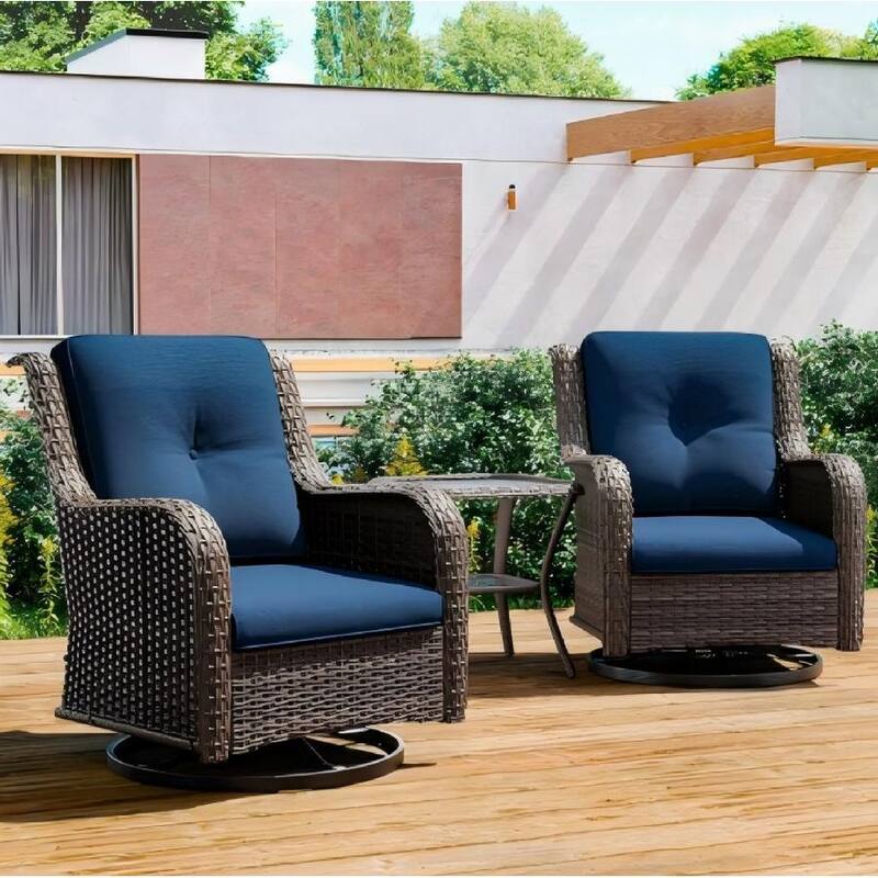 3-Piece Outdoor Sectional Wicker Hang Gliding Chairs Conversation Sets - Blue+Grey