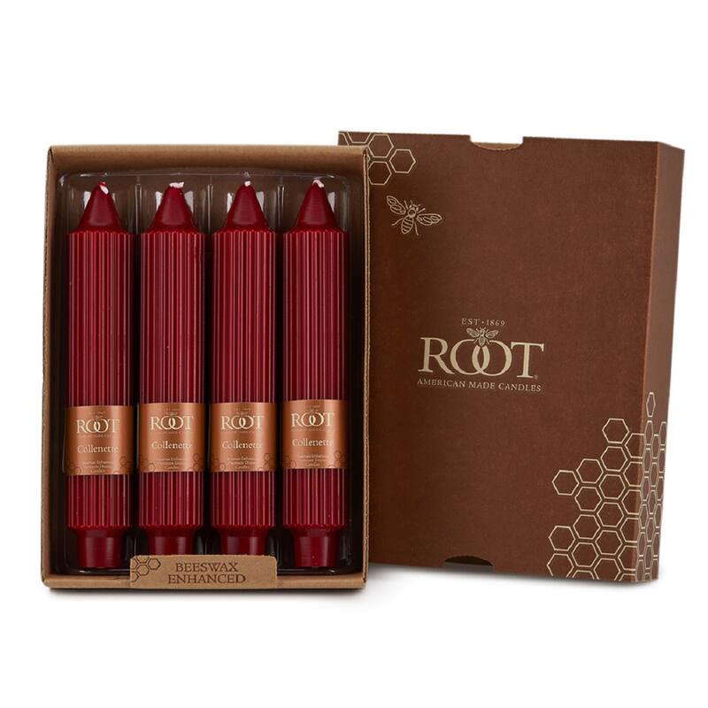 Root Unscented Grecian Collenette Taper Candles box of 4 - 7 X 1-1/4 - Garnet