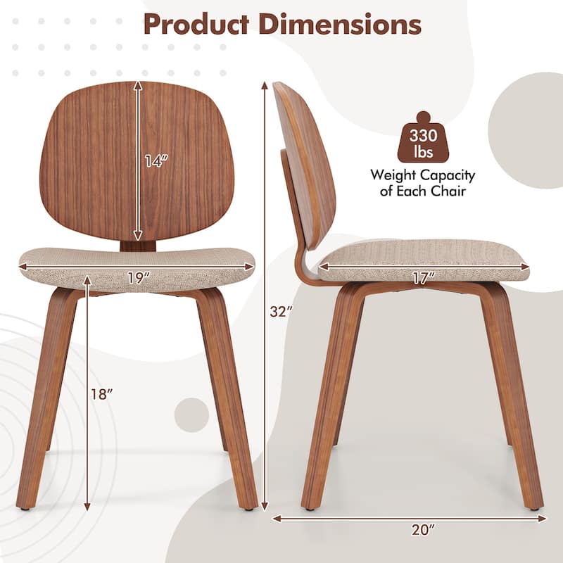 Walnut-Grey Bentwood Dining Chairs Set of 2 with Chenille Upholstery and Cushions - 19" x 20" x 32"