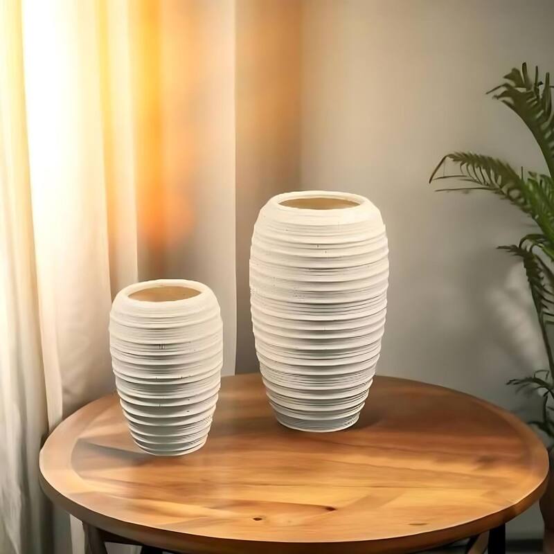 Set of Two Tall Sandstone Speckled Cream Vases
