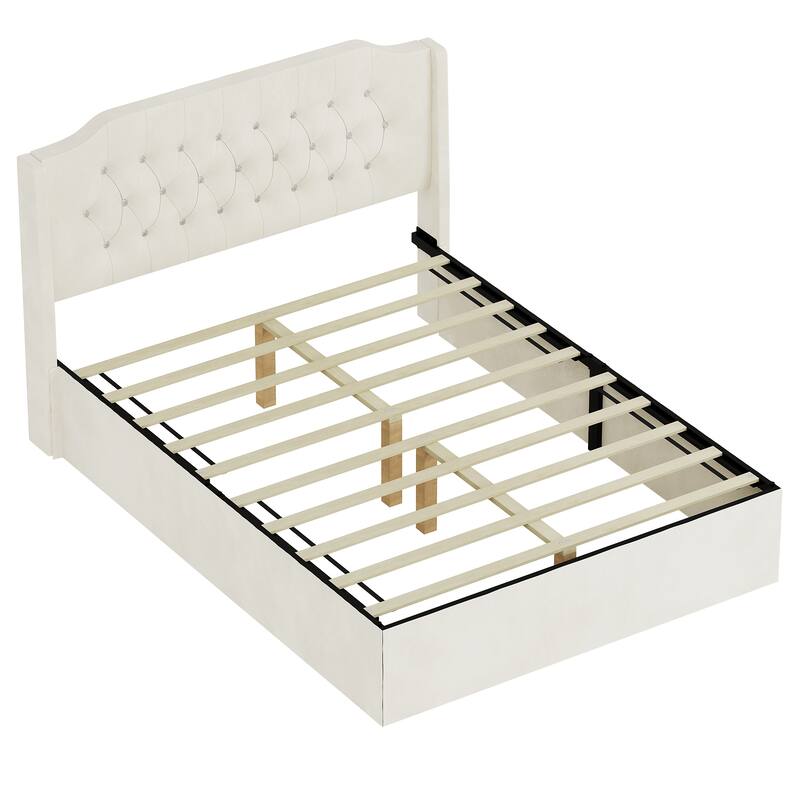 Queen Size Velvet Tufted Upholstered Bed Frame with Crystal Button Headboard