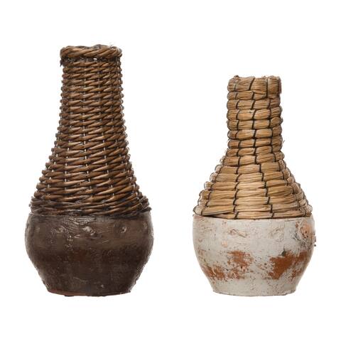 Hand-Woven Rattan & Clay Vase, Distressed Finish (Each One Will Vary)