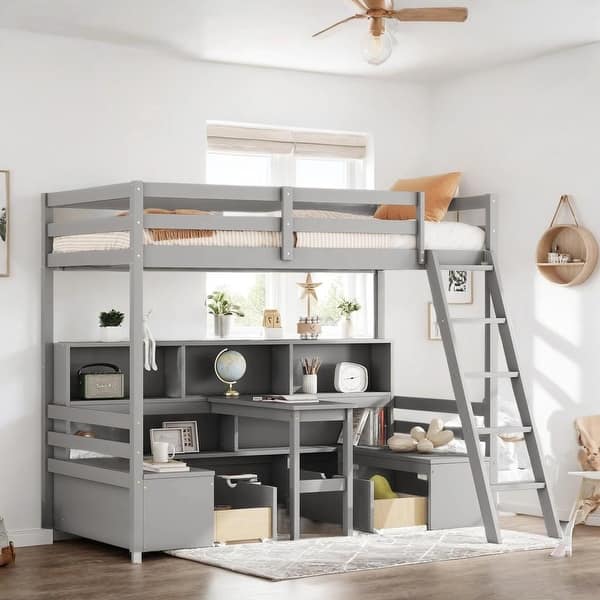 slide 2 of 16, Twin Loft Bed With Storage Shelves, Drawers, Seat and Desk, Grey Grey