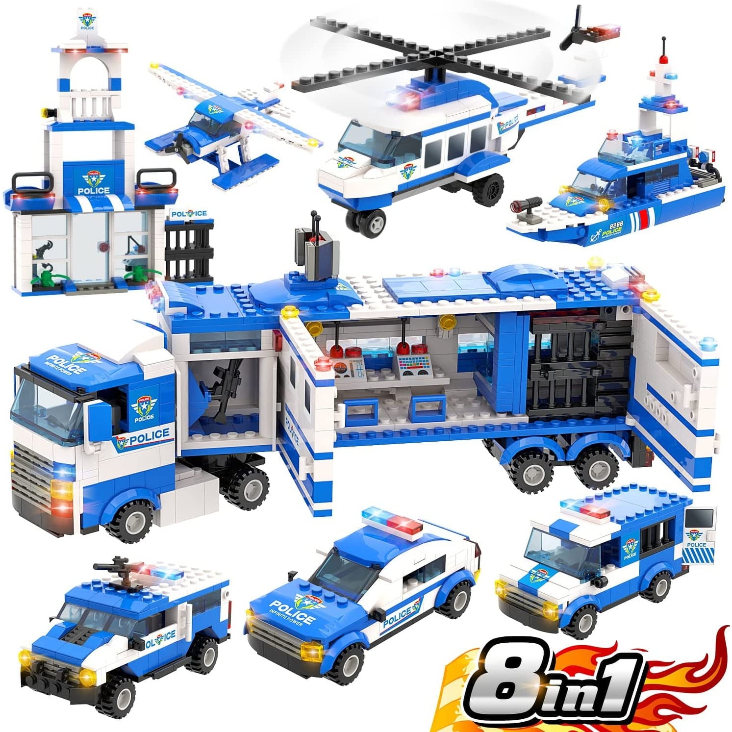 8 Boxes Police Car Mini Building Blocks Party Favors for Kids 8-12 in 25  Different Models, 8-in-1 Creative Police Truck Building Kit for Easter Eggs