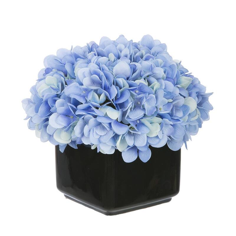 Faux Hydrangea in Small Black Cube Ceramic Vase - Blue