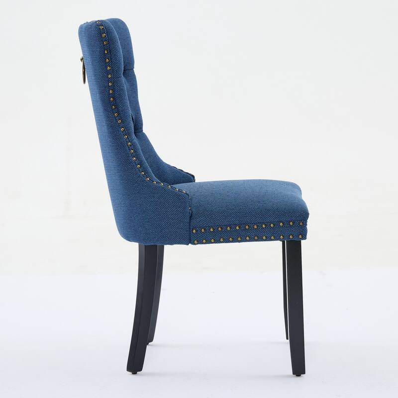 Set of 2 Linen Upholstered Dining Chair with Wood Legs, Nailhead Trim
