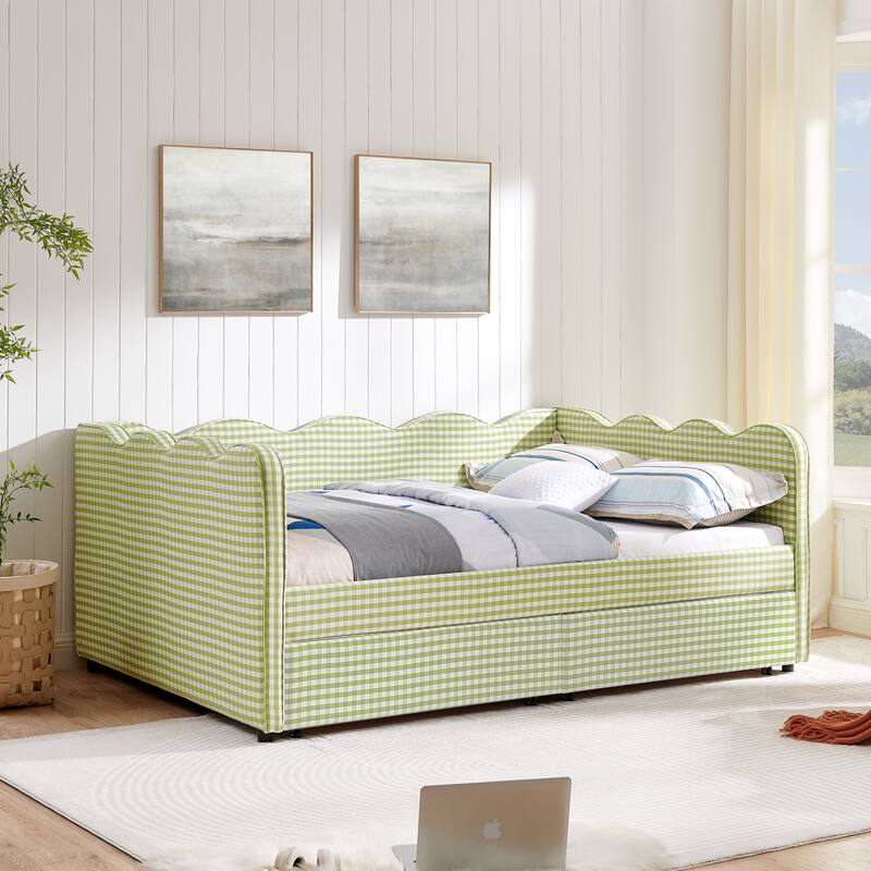 Full Size Upholstery Daybed with 2 Storage Drawers and USB Port, Linen Fabric Sofa Bed with Plaid Pattern and Wavy Silhouette
