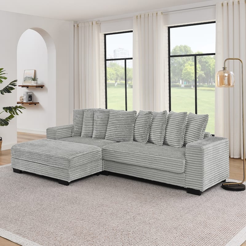 L-Shaped Convertible Sectional Sofa with Ottoman, Corduroy Tufted Upholstered Sleeper Sofa, Modular Corner 3 Seat Sofa