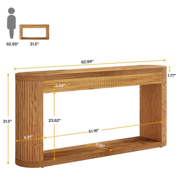 dimension image slide 0 of 2, 63-In Fluted Console Table for Entryway, 2 Tier Narrow Sofa Table with Storage - 11.81"D x 62.99"W x 31.5"H