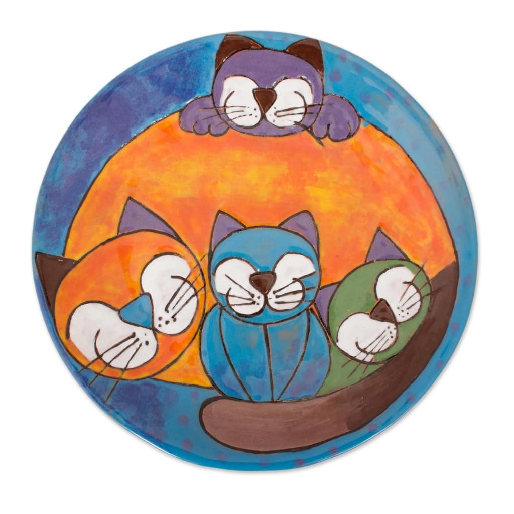 Novica Handmade Happy Cat Family Ceramic Decorative Plate