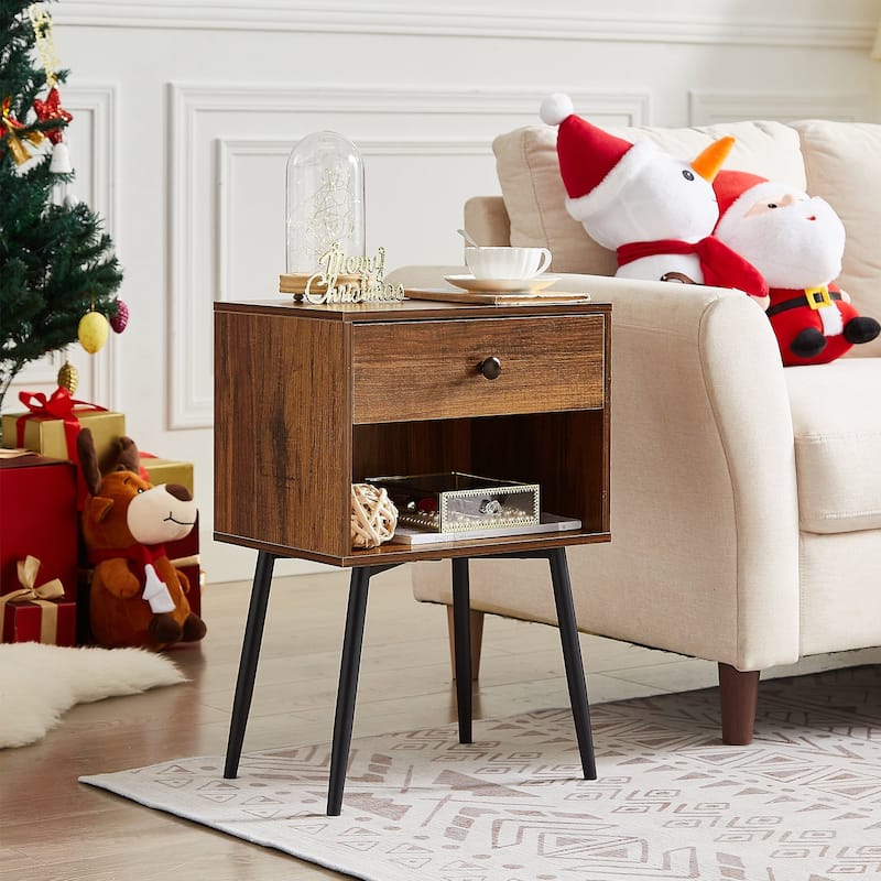 VECELO, (Set of 2) Modern 1-Drawer Brown/Grey Nightstand with Storage Shelf