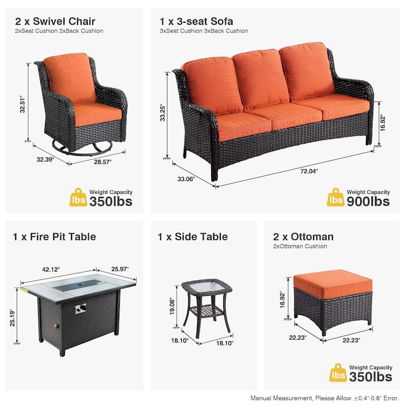 OVIOS 7-piece Patio Swivel Chair Set with 42" Fire Table