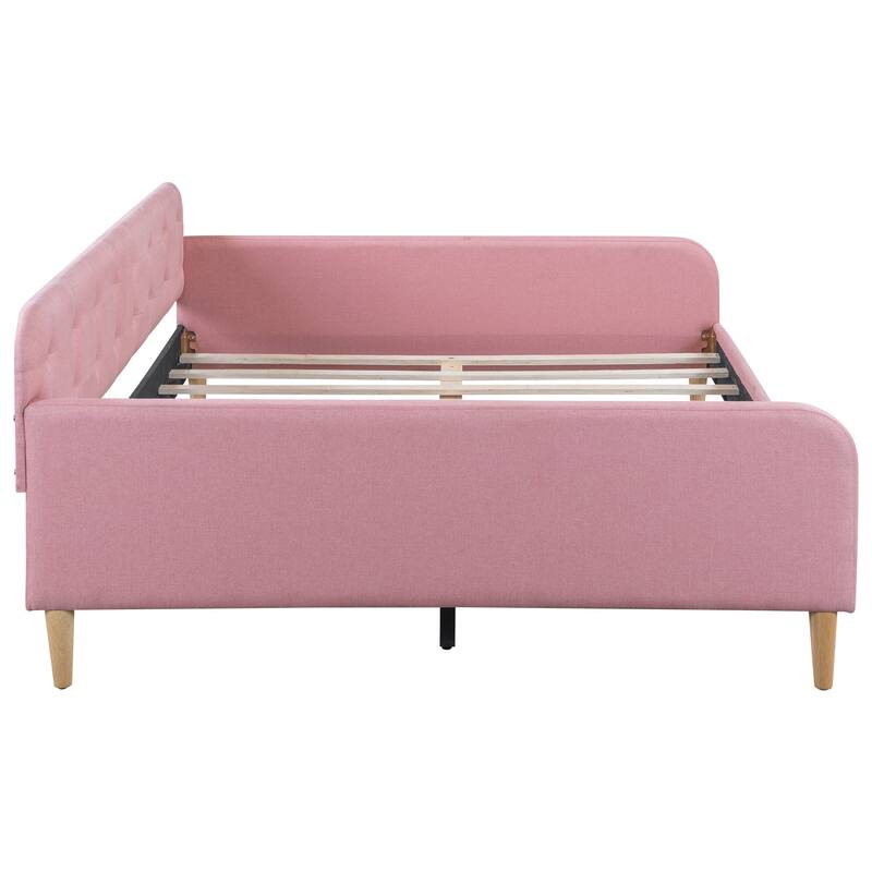 Full Size Upholstered Dayed with 4 Support Legs, Solid Wood Bed Frame W/Button-Tufting Backrest & Armrests, No Box Spring Needed
