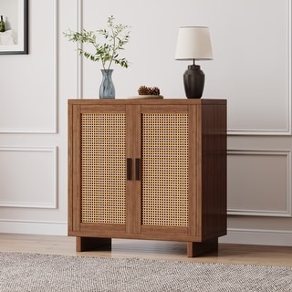 Wood Accent Cabinet Sideboard Buffet with Rattan Doors