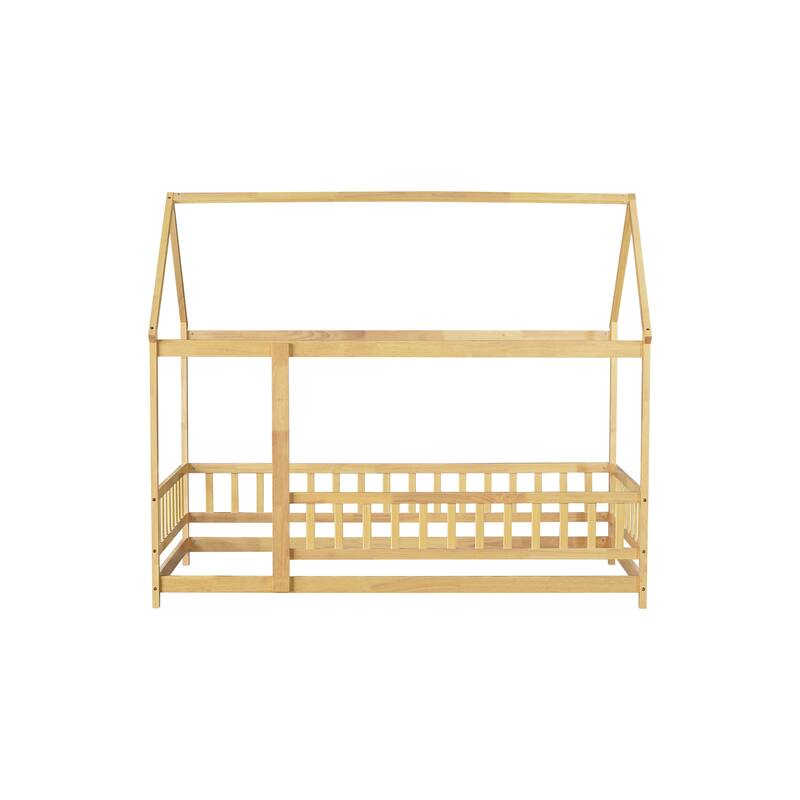 Twin Size Wooden Floor Bed with Roof Frame and Guardrails, Montessori Style Kids House Bed