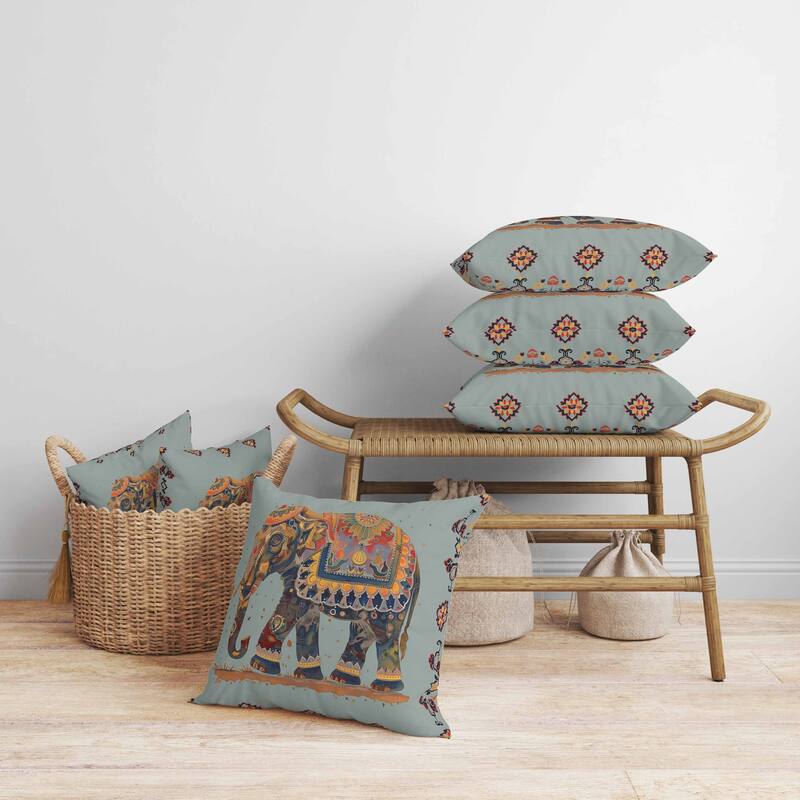 Decorated Elephant Faux Suede Reversible Throw Pillow Mint and Orange