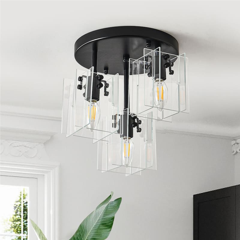 3 - Light Black Flush Mount Ceiling Light with Clear Square Shades - Matte Black - Matte Black