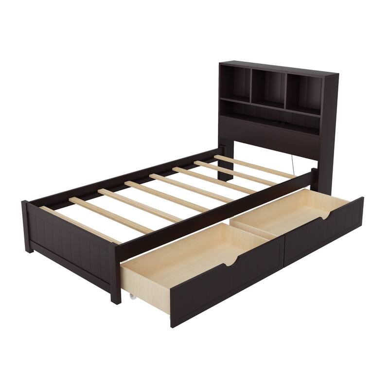 Wood Platform Bed Frame with Built-In Night Light/Charging Station/Open Bookcase Headboard/and 2 Side Drawers/Wood Slats Support