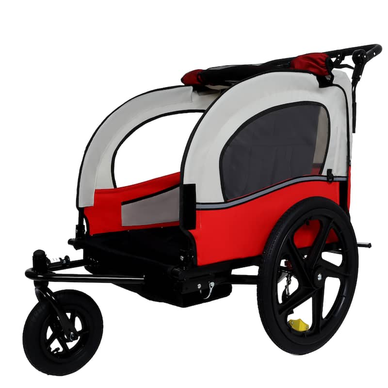 2-In-1 Double 2 Seat With Bike Trailer Jogger Stroller Foldable Collapsible W/Pivot Front Wheel, Storage Bag