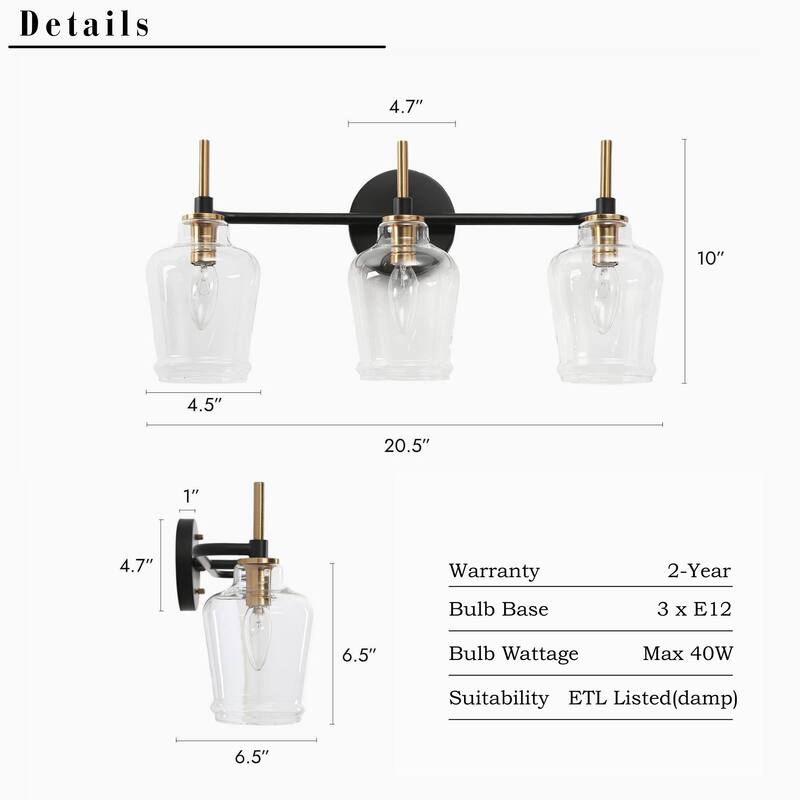 Modern 3-Light Black Gold Bathroom Vanity Light Linear Glass Wall Sconces