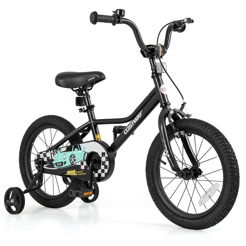 Black Kids Adjustable Bike with Training Wheels and Enclosed Chain Guard Dual Brake System